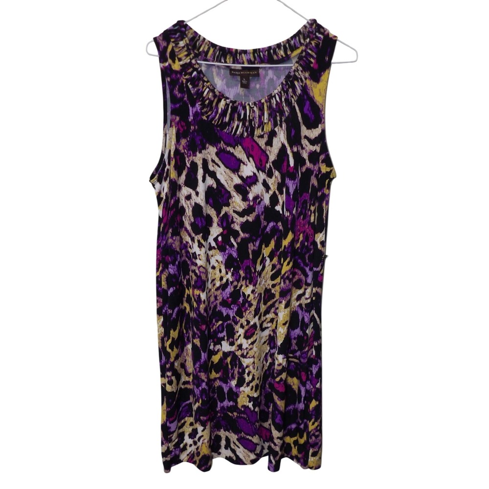 Dana Buchman Purple Yellow Leopard Print Pleated Scoop Neck Sleeveless Top Large